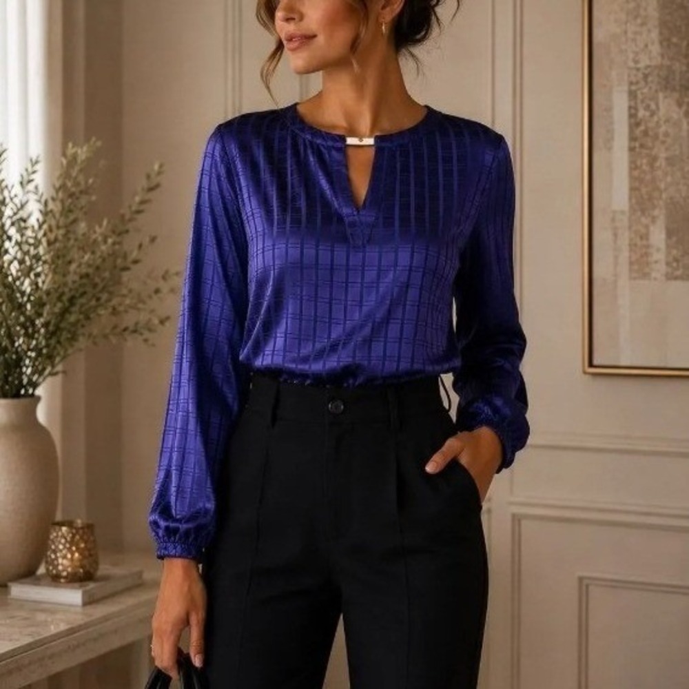Liz Claiborne Women 3X Long Sleeve Satin Blouse Royal Purple Officewear Business